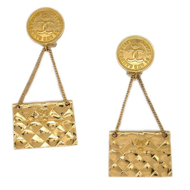 Chanel 1988 Bag Dangle Earrings Clip-On Gold 23 in Gold from AMORE Vintage Tokyo