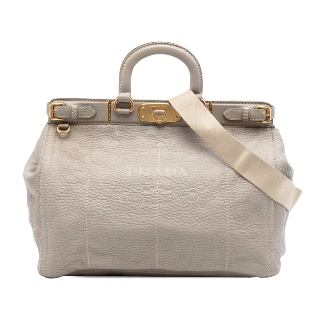 Grey Prada Vitello Daino Canapa Logo Frame Satchel in Grey Leather from Designer Revival