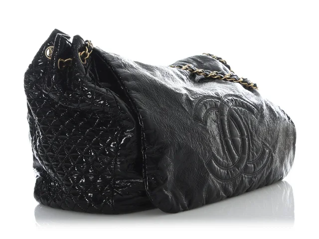 Chanel XL Black Vinyl Rock and Chain Flap in Black Satin from Ann's Fabulous Finds, photo 6 of 10