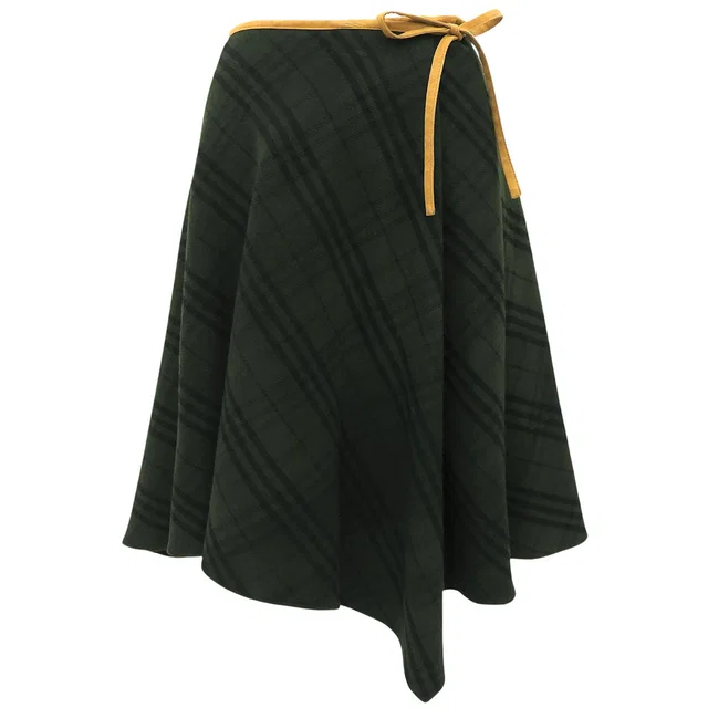 Burberry Check Pattern Ribbon Flare Skirt #36 Dark Green in Green Wool from VINTAGE QOO TOKYO