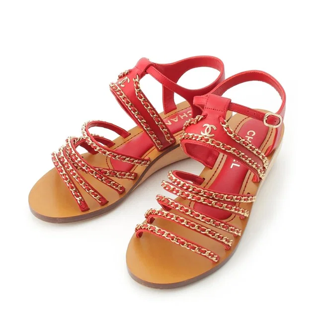 Chanel Wood Chain Thick Sole Platform Sandals Red in Red Leather from The Reluxe
