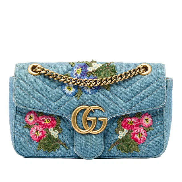 Blue Gucci Medium GG Marmont Matelasse Denim Floral Embroidered Shoulder Bag in Blue Denim from Designer Revival