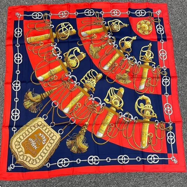 Hermès Scarf Carre 90 Cliquetis Ticking Sword Pattern Navy Red Gold Silk in Red Silk from The Reluxe
