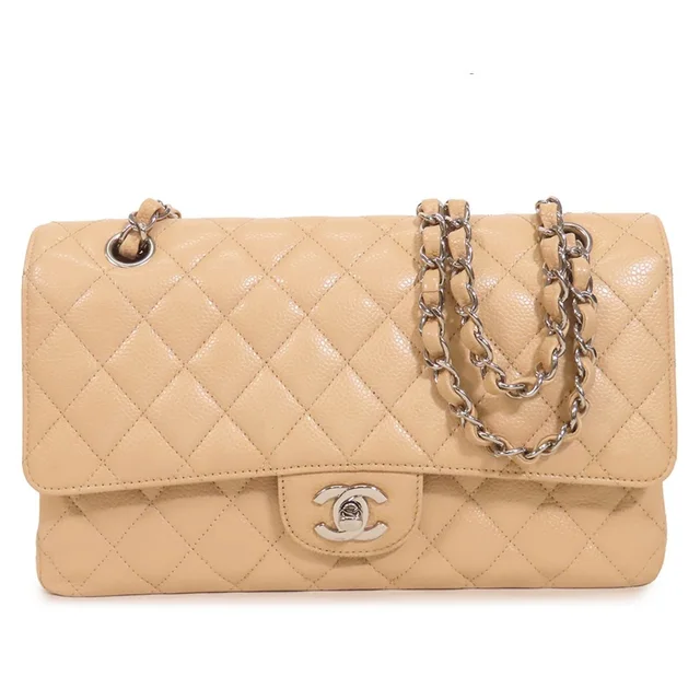 Chanel Chain Beige Silver Caviar Leather Quilted 25 Double Flap Shoulder Bag in Beige Caviar leather from The Reluxe