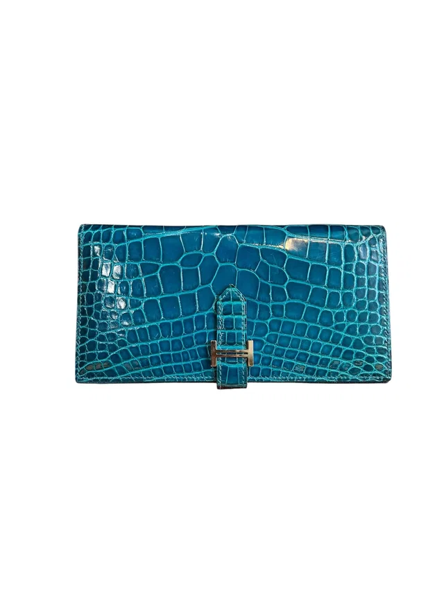 Hermès Bearn Wallet Blue Izmir Shiny Alligator PHW #A in Blue Crocodile from Luxury Promise