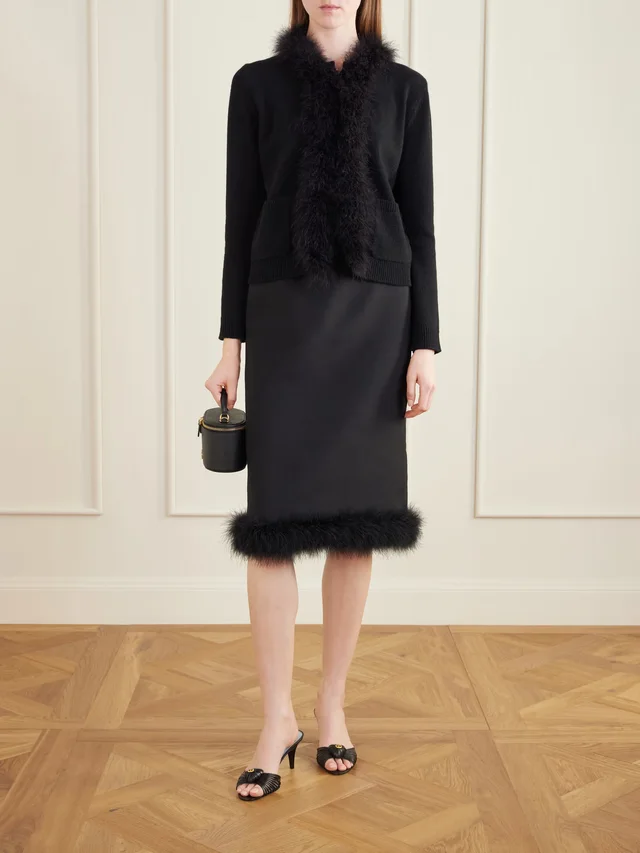 VALENTINO GARAVANI Feather-trimmed wool and silk-blend crepe midi skirt in Black, photo 2 of 2 from NET-A-PORTER (Canada)