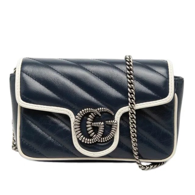 Blue Gucci Super Mini GG Marmont Matelasse Leather Torchon Flap Crossbody in Blue Leather from Designer Revival