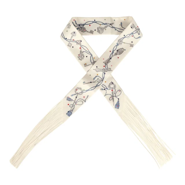 Hermès "Les Cles a Pois" Creme, Gris Perle, Multicolor Fringe Silk Twilly in Grey Silk from Madison Avenue Couture