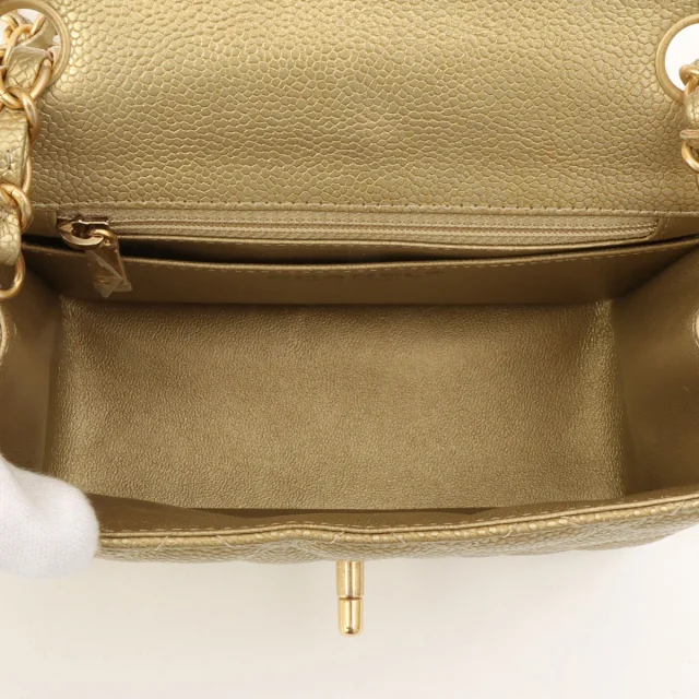 Chanel Caviar Skin Classic Flap Chain Bag Mini, Gold, circa 2015 in Gold Caviar leather from VINTAGE QOO TOKYO, photo 5 of 11
