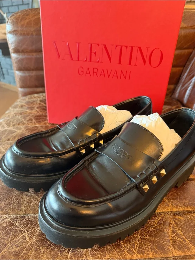 Valentino Garavani Black Leather Studded Penny Loafers in gold|black Leather from Poshmark