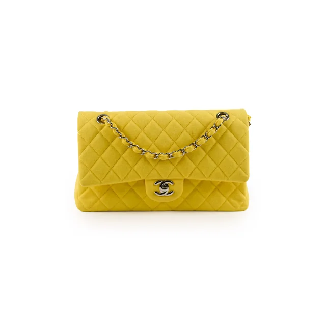 Chanel Medium/Large Double Classic Flap Yellow Jersey in Yellow from The Purse Affair