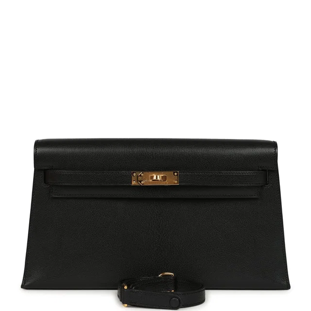 Hermès Kelly Elan Black Chevre Chamkila Gold Hardware in Black Goatskin from Madison Avenue Couture