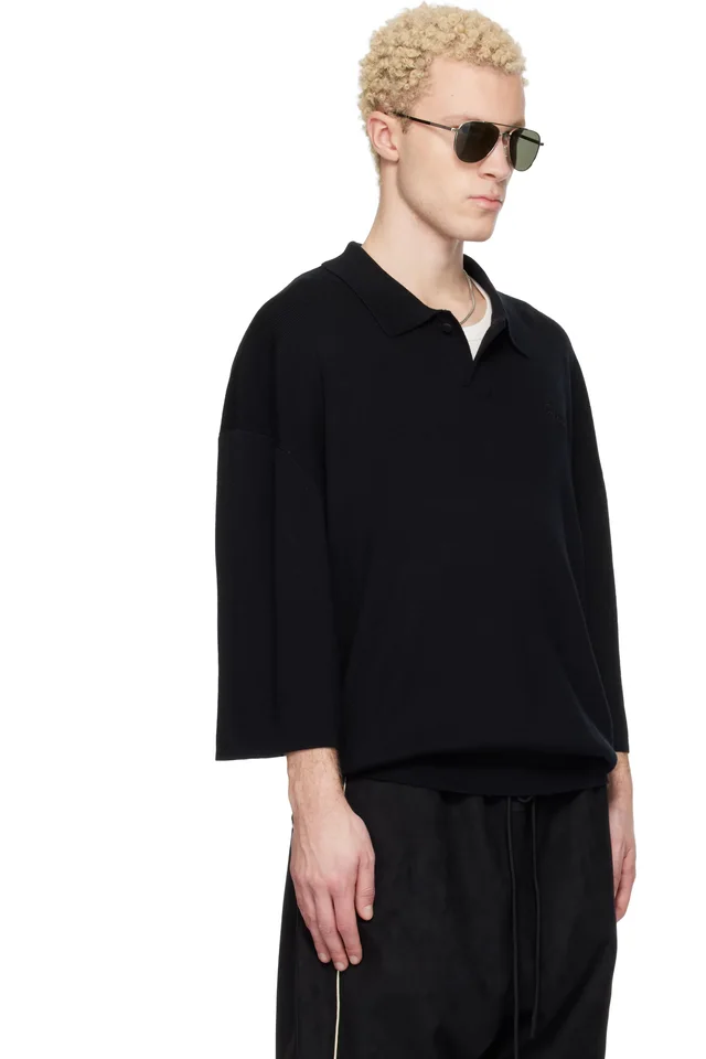 Fear of God ESSENTIALS Black Signature 3/4 Sleeve 90s Knit Polo, photo 2 of 4 from SSENSE