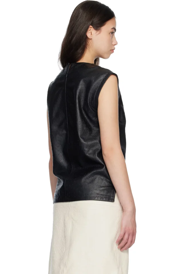 Loulou de Saison Black FIZA Ostrich-Effect Leather Blouse, photo 3 of 4 from SSENSE