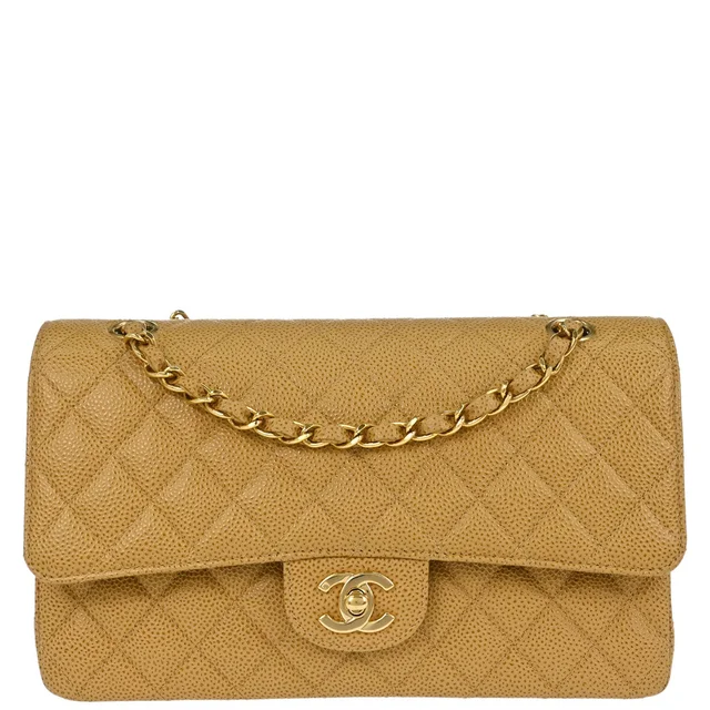 Chanel 2002-2003 Beige Caviar Skin Medium Classic Double Flap Shoulder Bag in Beige Caviar leather from AMORE Vintage Tokyo