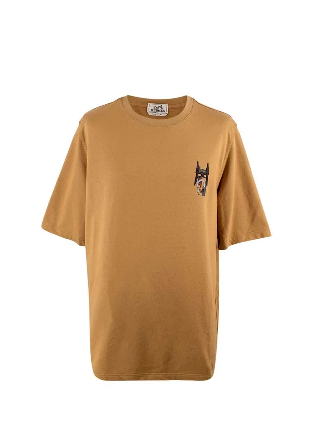 Hermès Mustard Cotton T-Shirt with Leather Patch in Yellow Leather from HEWI