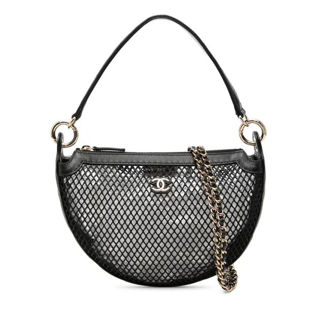 Black Chanel CC Mesh and Quilted Shiny Lambskin Chain Hobo Satchel in Black Lambskin from Designer Revival