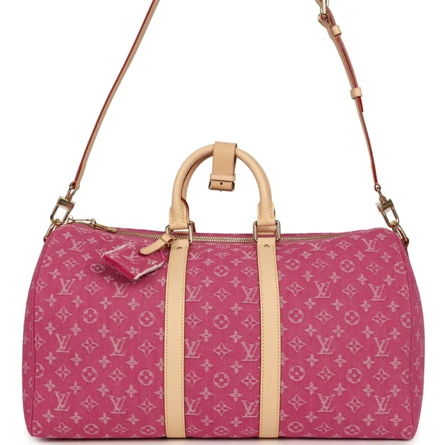 Louis Vuitton Keepall Bandouliere 45 Pink Monogram Denim Gold Hardware in Pink Denim from Madison Avenue Couture