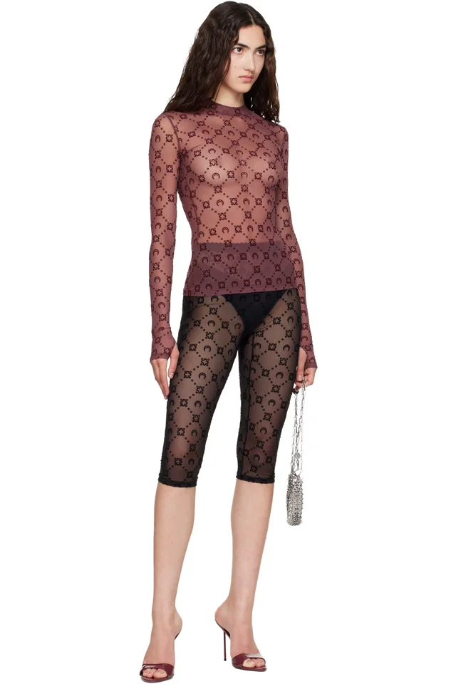 Marine Serre Burgundy Moonogram Flock LS Highneck Top, photo 4 of 4 from SSENSE