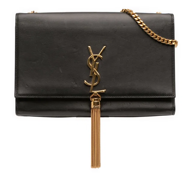Black Saint Laurent Medium Smooth Calfskin Classic Monogram Kate Tassel Crossbody in Black Calfskin from Designer Revival