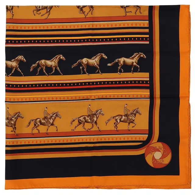 Hermès Carre 90 Sequences Scarf Orange/Black in Black Silk from VINTAGE QOO TOKYO