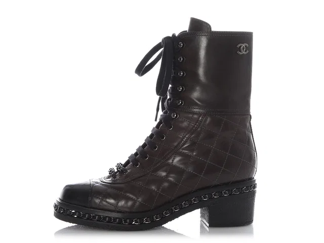 Chanel Dark Gray Diamond Quilted Chain Combat Boots in Grey Leather from Ann's Fabulous Finds