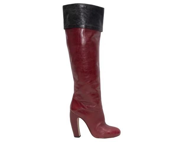 Miu Miu Burgundy & Black Miu Knee-High Heeled Boots Size 36 in Black Leather from Designer Revival