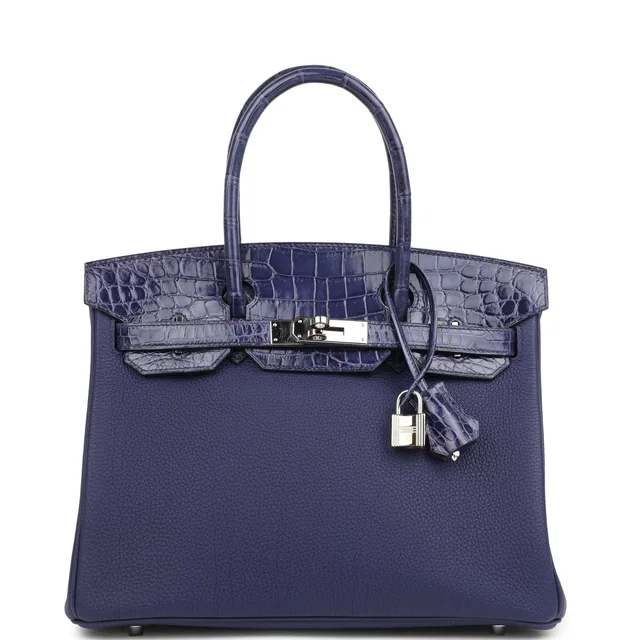 Hermès Birkin 30 Bleu Encre Togo and Shiny Niloticus Crocodile Touch Palladium Hardware in Blue Togo leather from Madison Avenue Couture