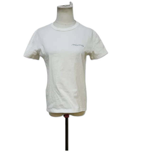 Miu Miu White Script Embroidered Logo T-Shirt size S in White from Luxury Promise