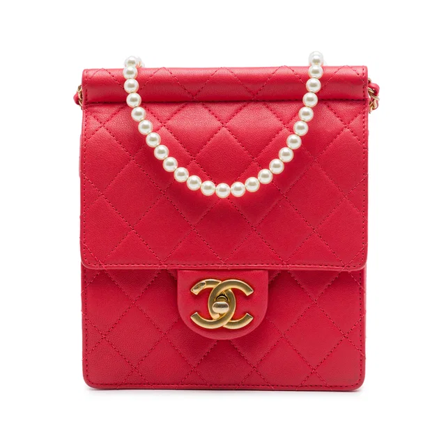 Red Chanel Small Quilted Lambskin Chic Pearls Flap Crossbody Bag in Red Lambskin from Designer Revival
