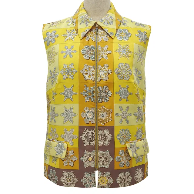 Hermès Maison Margiela Era Snowflake Pattern Zip-Up Vest #38 Yellow/Multi in Yellow Silk from VINTAGE QOO TOKYO