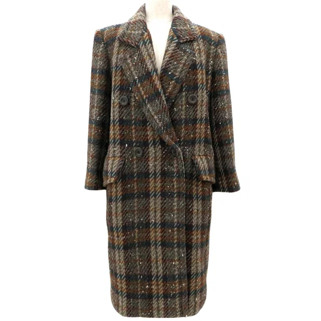 Saint Laurent Check Pattern Wood Button Long Coat #M Brown/Multi in Brown Wool from VINTAGE QOO TOKYO