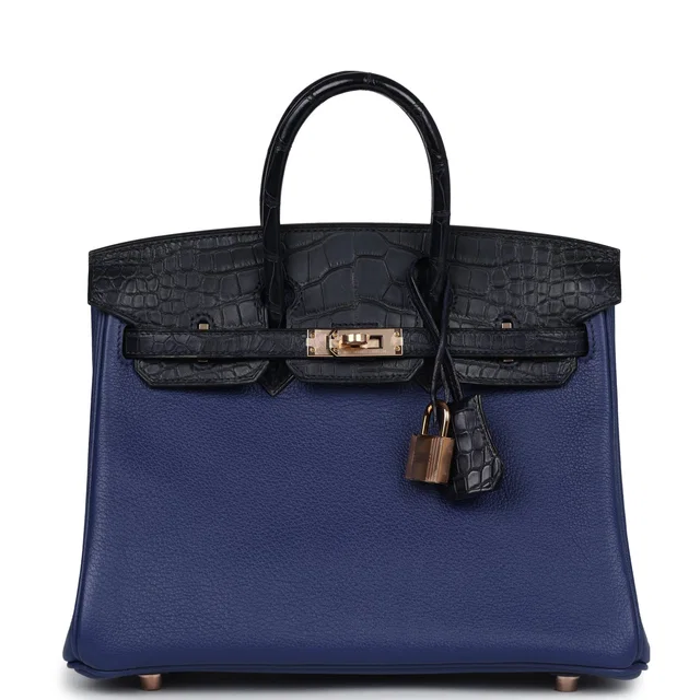Hermès Birkin 25 Bleu Saphir Taurillion Novillo and Bleu Marine Matte Alligator Touch Rose Gold… in Navy Crocodile from Madison Avenue Couture