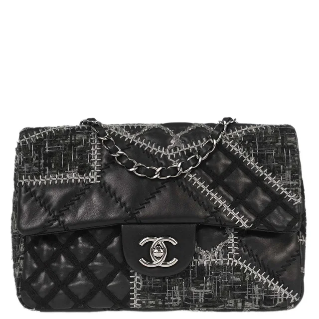 Chanel 2011 Black Tweed Lambskin Patchwork Stitch Shoulder Bag in Black Lambskin from AMORE Vintage Tokyo