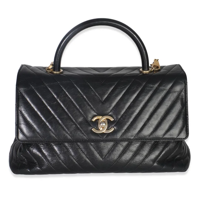 Chanel Black Chevron Aged Calfskin Large Coco Top Handle Bag in Black Calfskin from myGemma
