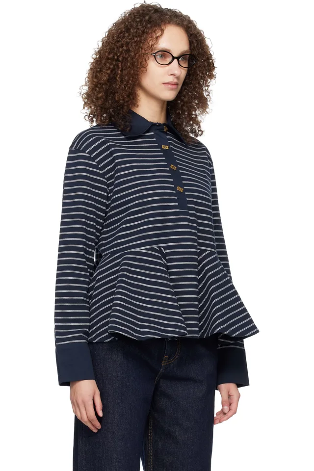 GANNI Navy Single Piqué Peplum Polo, photo 2 of 4 from SSENSE