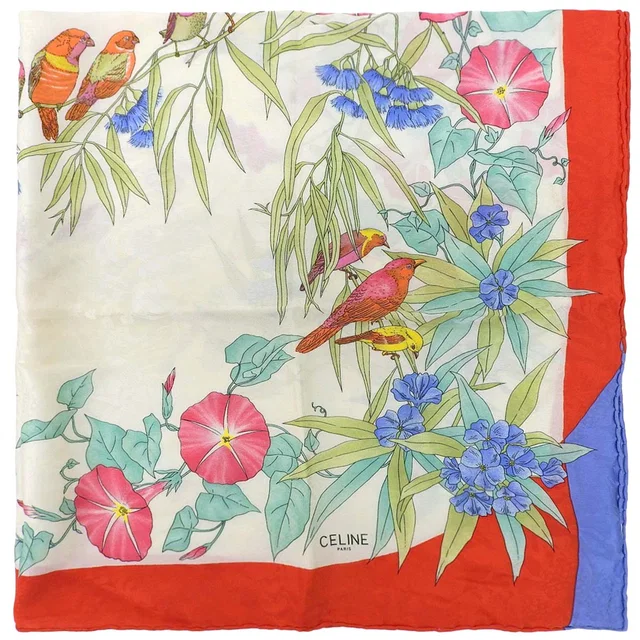 Celine Flower Bird Pattern Scarf White/Red/Multi in White Silk from VINTAGE QOO TOKYO