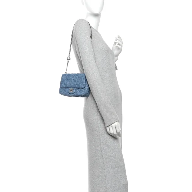 Chanel Quilted Mini Camellia Sweetheart Flap Blue in Blue Denim from FASHIONPHILE, photo 2 of 12