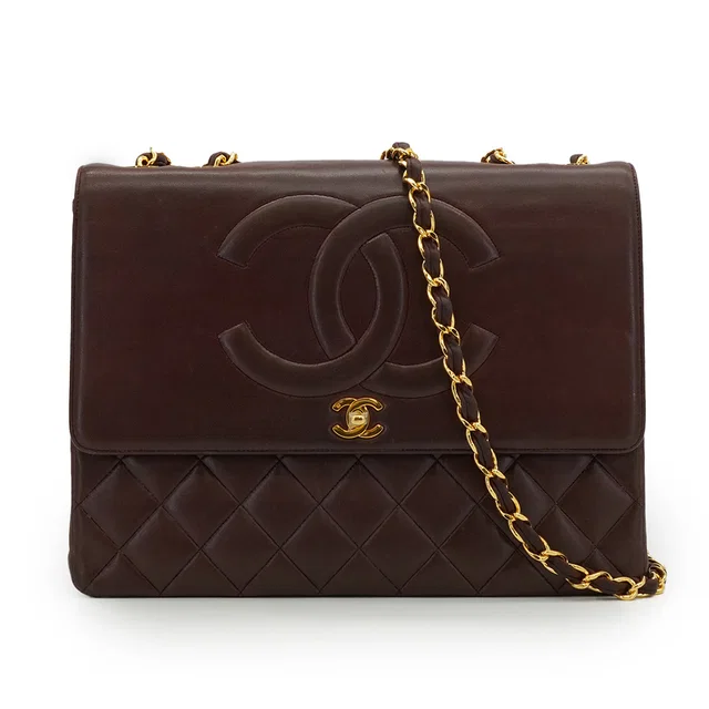 Chanel Vintage Matelasse Big Coco Chain Shoulder Bag Brown Lamb Skin Gold Hardware in Brown from Luxury Promise