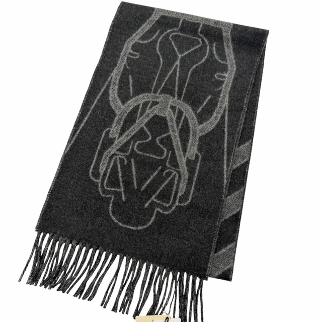 Hermès Tet Equestre Cashmere Hose Fringe Scarf Shawl Charcoal Gray in Grey Cashmere from The Reluxe