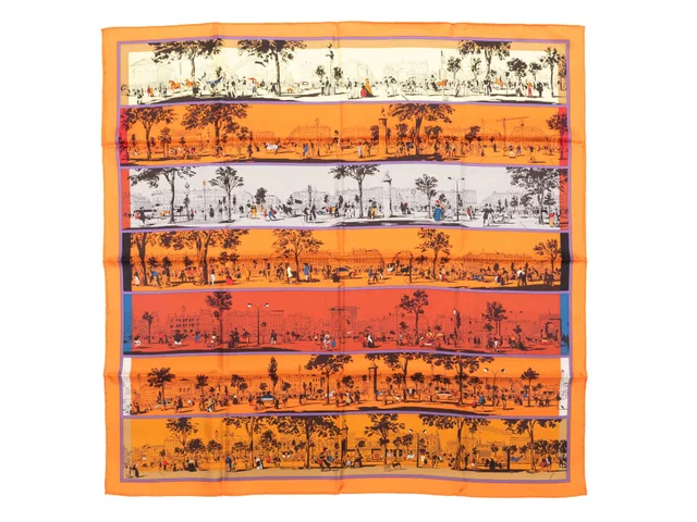 Hermès Orange & Multicolor 'Orgauphone et Autres Mecaniques' Motif Printed Silk Scarf in Orange Silk from Designer Revival
