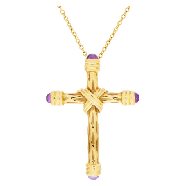 Tiffany & Co. 18k Cross Pendant Necklace with Garnets in Yellow Gold from Gray And Sons