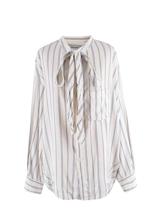 Balenciaga White and Blue Striped Silk Logo Shirt in White Silk from HEWI