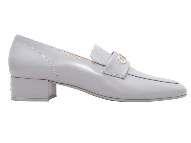 Grey Chanel Leather Spellout Heeled Loafers Size 42 in Grey Leather from Designer Revival