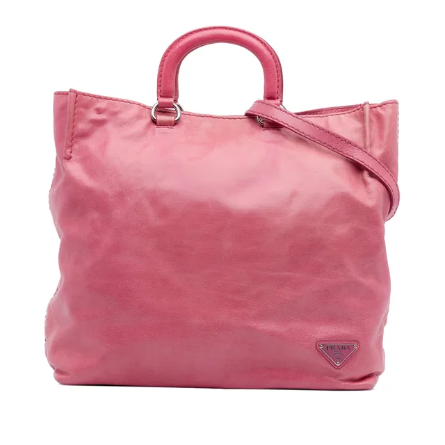 Pink Prada Vitello Shine Open Convertible Tote Satchel in Pink Leather from Designer Revival