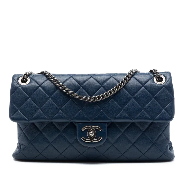 Blue Chanel Large Quilted Shiny Sheepskin Burgundy Rocks Flap Shoulder Bag in Burgundy Goatskin from Designer Revival