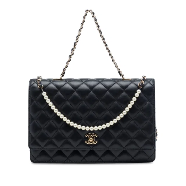 Black Chanel CC Quilted Lambskin Fantasy Pearl Single Flap Satchel in Black Lambskin from Designer Revival