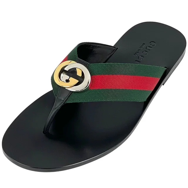 Gucci Interlocking G Thong Sandals GG Web Sherry Line Shoes Leather Canvas Black in Black Canvas from The Reluxe