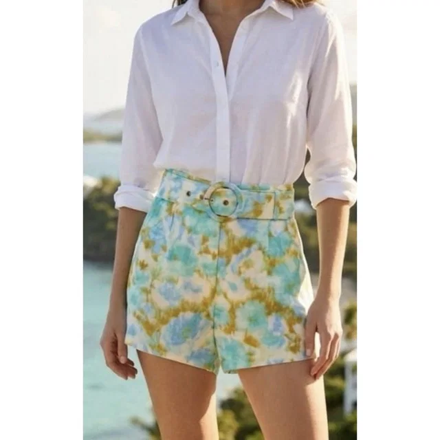 Christian Lacroix Women's Linen Blend Belted Shorts Sz Large in blue from Poshmark
