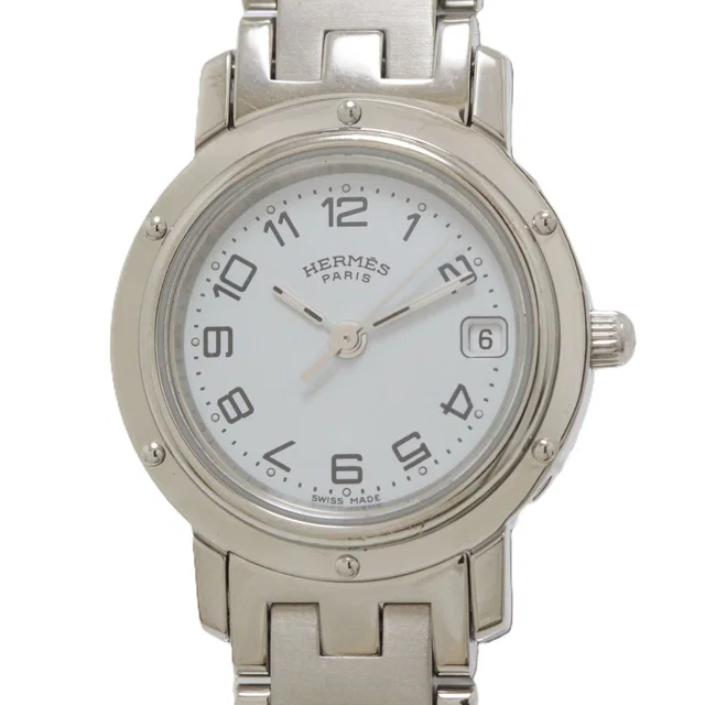 Hermès Clipper Watch SS Stainless Steel White Arabdial Quartz in White Leather from The Reluxe